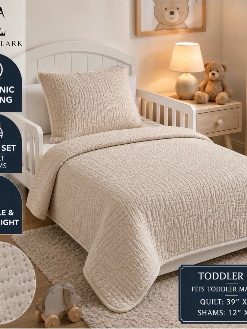 Clara Clark Toddler Quilt Set 3PC Coverlet Sheet Sham Neutral New